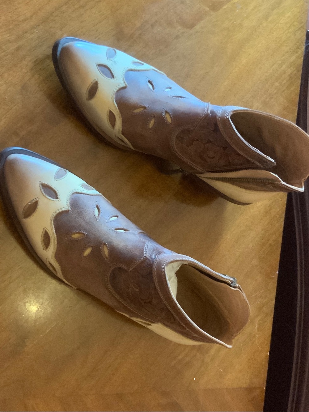 Two-Tone Brown & Cream Leather Ankle Booties